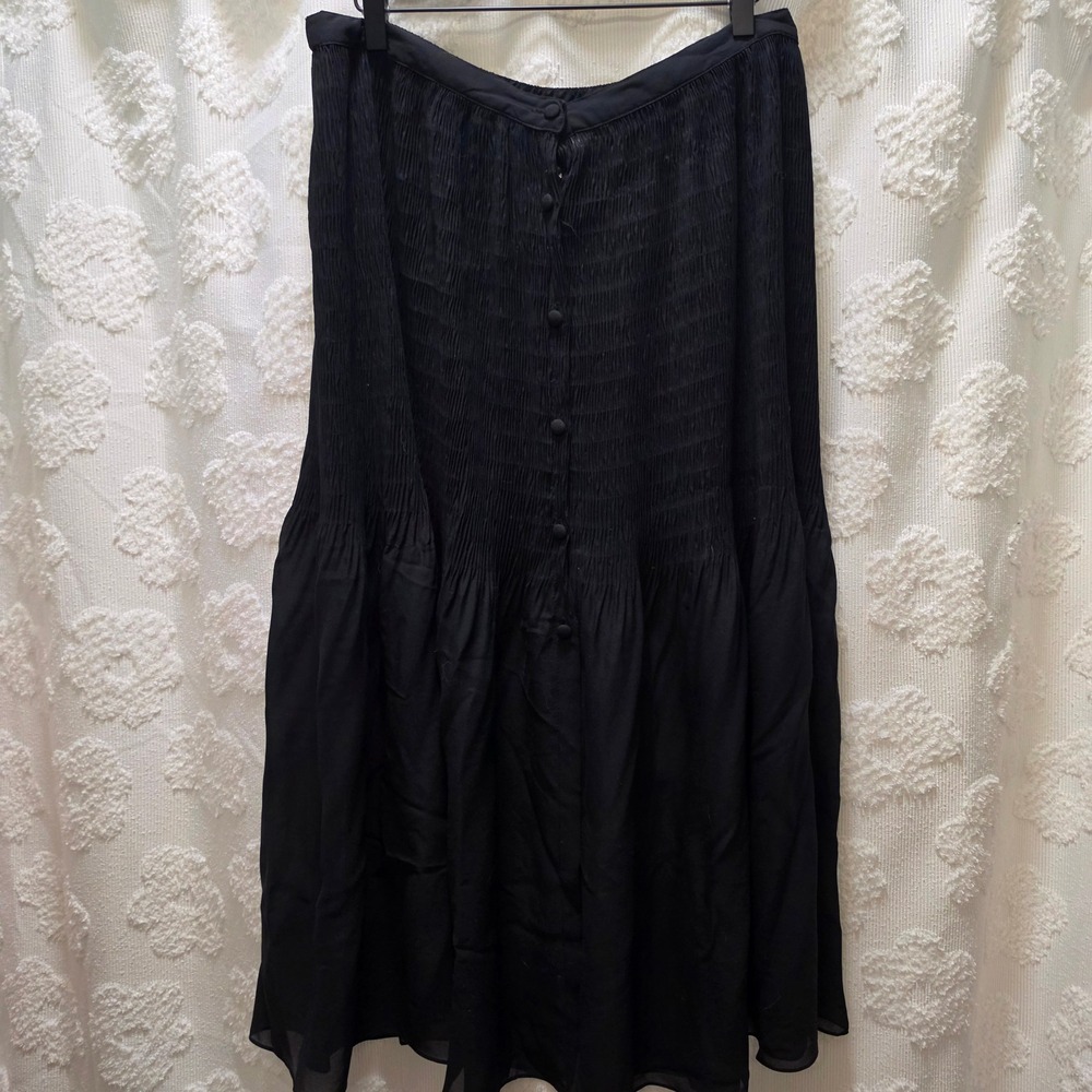 Vintage Kathryn Deene Black‎ Smocked Midi Skirt Button Ruffle Hem Womens 14/16